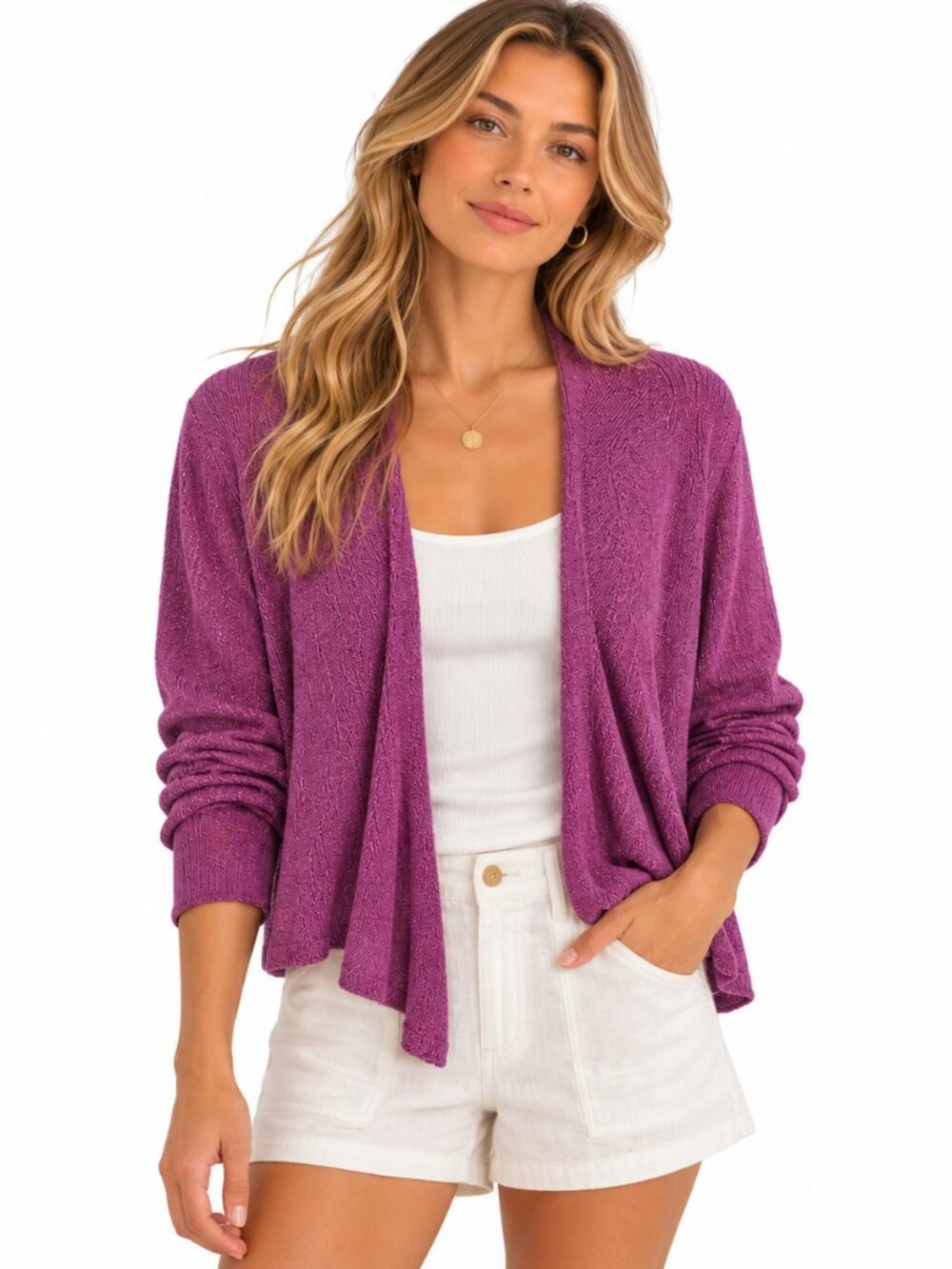 Eileen Fisher Open Front Tight Knit Linen Cardigan PM Fuchsia Purple Coastal